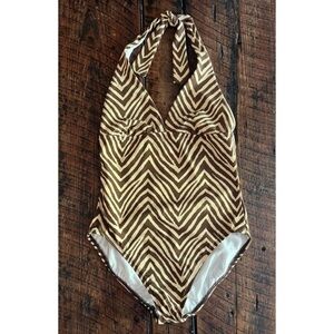 Talbots Brown and Tan halter neck style one piece bathing suit, Size 6